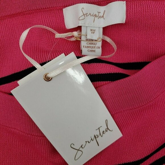 New Scripted Top Womens XS Pink Black Stripe Off  Shoulder Sweater Bell Sleeve - Picture 4 of 5